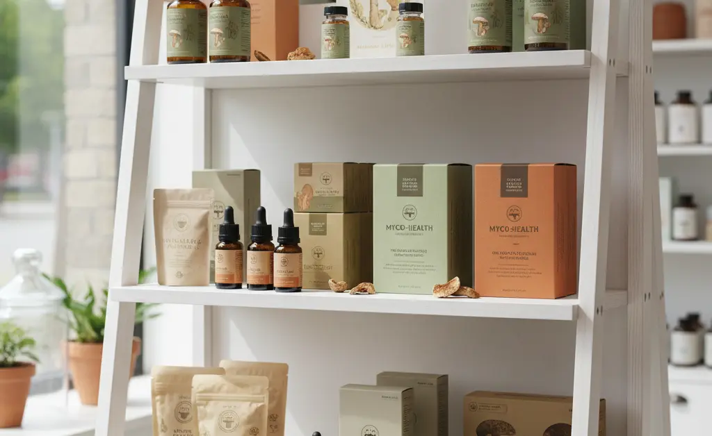 A curated selection of natural mushroom supplements chemist warehouse offers, presented in an organized, clean retail display.