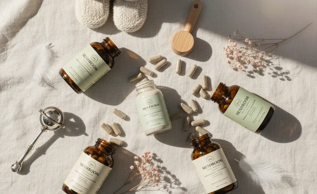 A visually appealing flat lay of various mushroom supplements, presented alongside symbols of nurturing and well-being, suggesting exploration of mushroom supplements during pregnancy and breastfeeding.