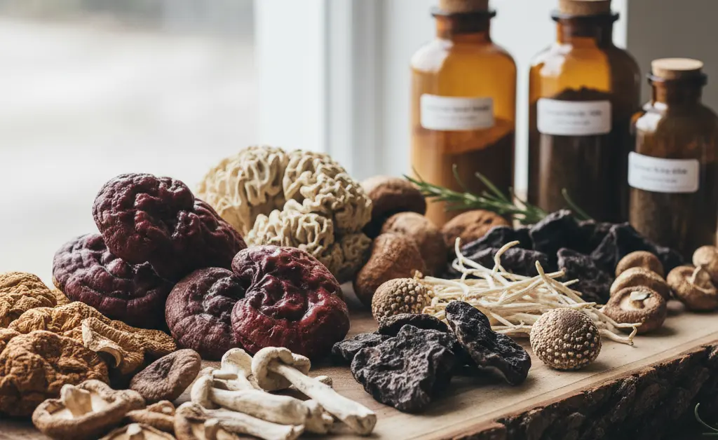 A serene scene showcasing various types of medicinal mushrooms and the use of mushroom supplements for adhd.
