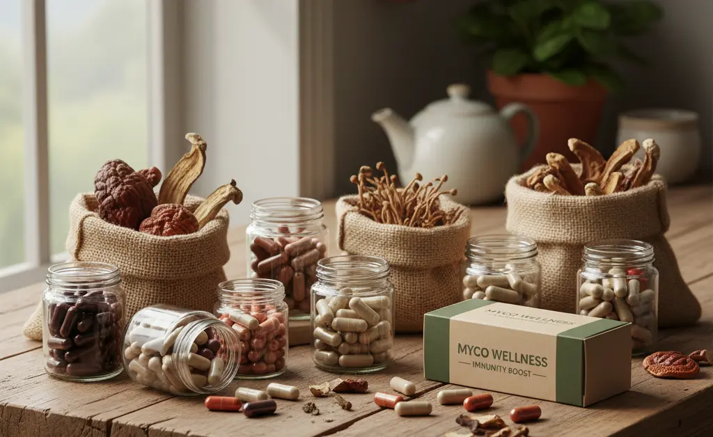 A focused shot of various mushroom supplements and fresh mushrooms arranged artfully on a wooden surface, symbolizing a holistic approach to managing mushroom supplements for blood pressure and cholesterol.