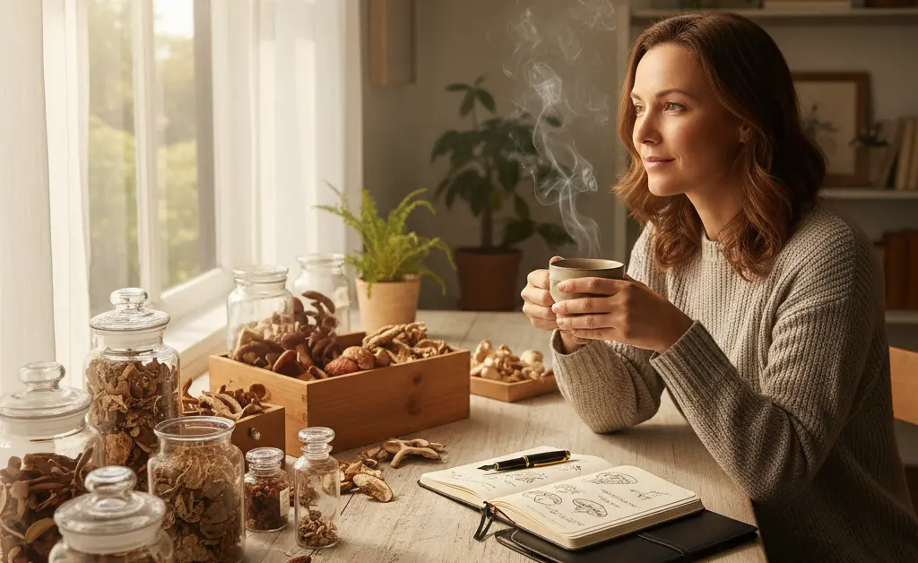 A serene and focused individual contemplating various types of mushroom supplements for brain enhancement, bathed in soft, natural light.