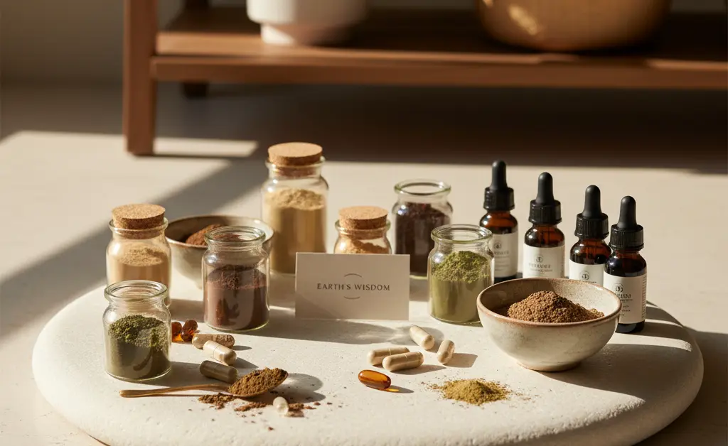 A visually appealing arrangement showcasing various types of mushroom supplements for gut health in a clean, natural setting.