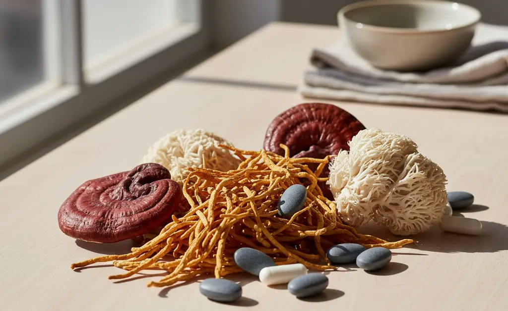 A carefully arranged selection of various dried medicinal mushrooms alongside modern capsules, representing mushroom supplements for kidney health.