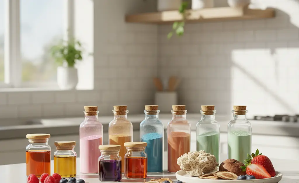 A vibrant, sunlit kitchen counter with colorful, child-friendly bottles and jars of mushroom supplements, showcasing the natural ingredients and appealing packaging designed for children's wellness.