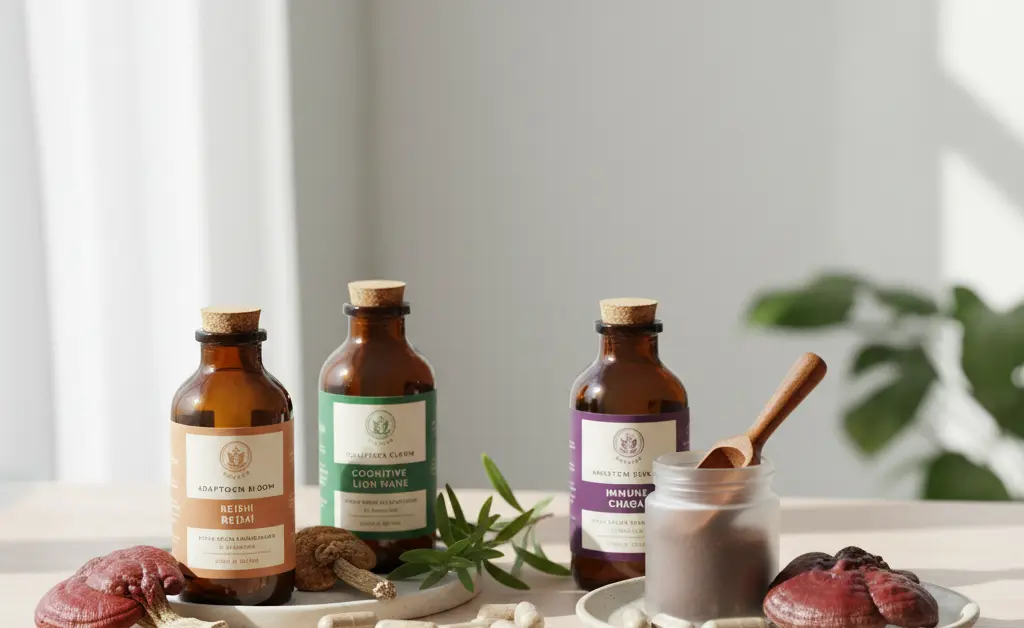 A still life arrangement showcases various mushroom supplements for liver health, presented in an organized, clean aesthetic.