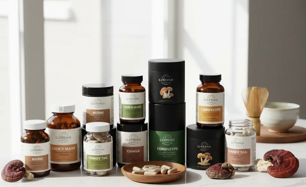 A curated selection of diverse mushroom supplements offering personalized support to both mushroom supplements for men and women, presented on a clean, modern surface.