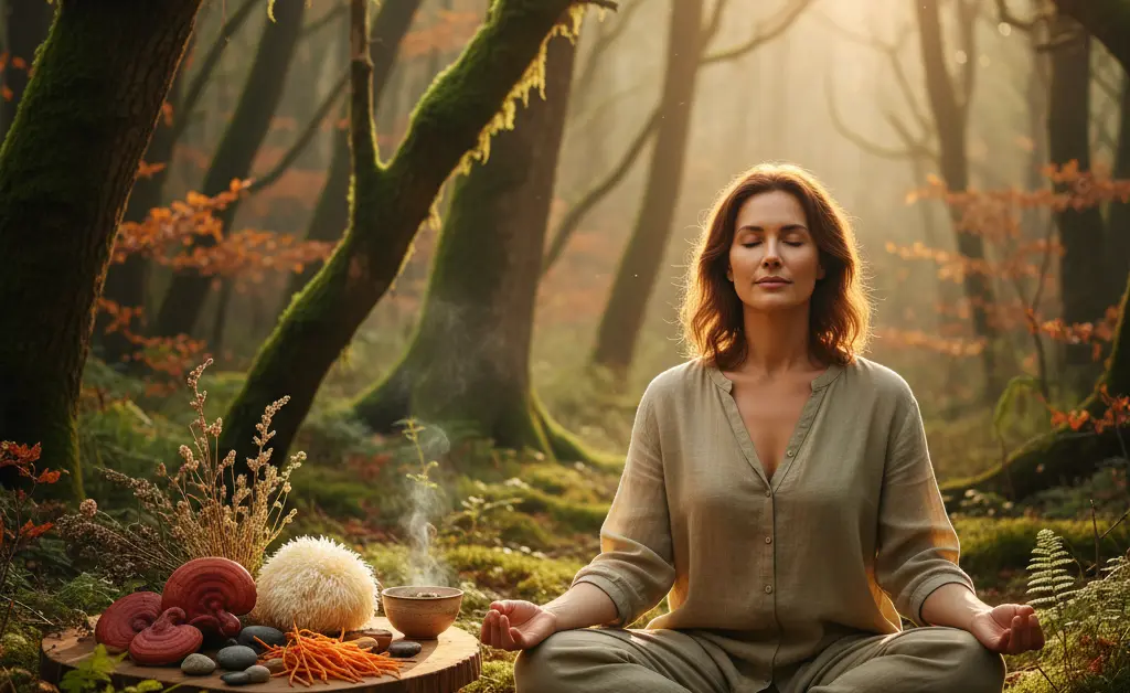 A serene woman meditating outdoors, with a subtle arrangement of diverse medicinal mushrooms placed thoughtfully beside her, symbolizing the connection between nature and inner calm for mushroom supplements for vagus nerve regulation.