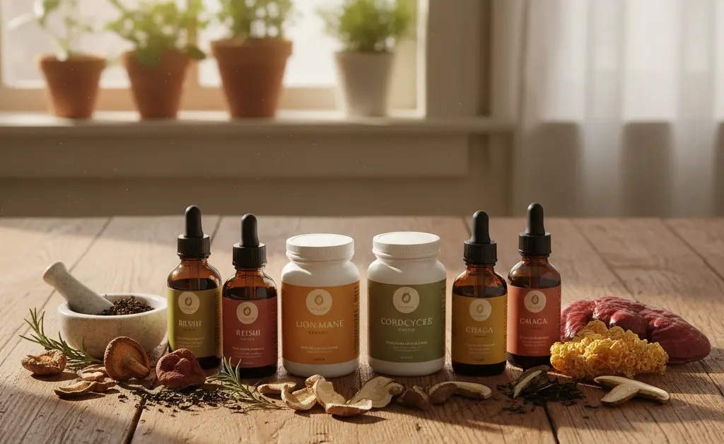 A beautifully arranged selection of various mushroom supplements for weight loss, presented in an aesthetically pleasing and health-conscious setting.