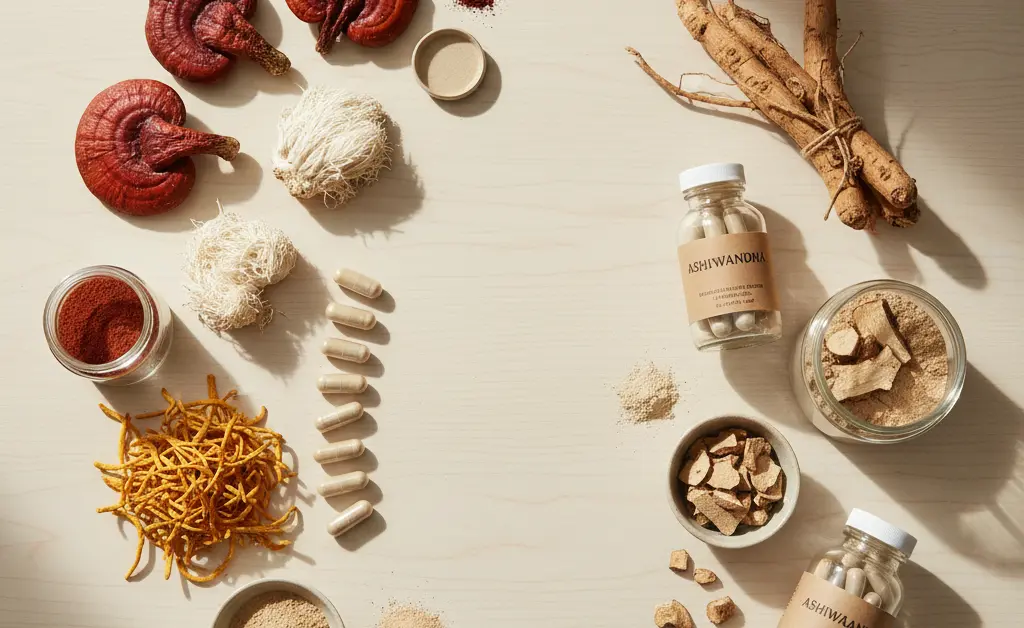 A balanced visual comparison showcases diverse mushroom supplements and ashwagandha roots, illustrating the mushroom supplements vs ashwagandha decision.