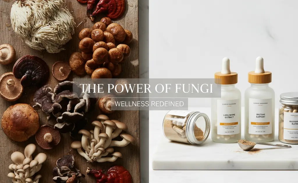 A balanced visual comparing mushroom supplements vs eating mushrooms, showcasing both a neatly arranged selection of fresh, vibrant culinary mushrooms and a clean, modern arrangement of various mushroom supplement capsules and powders.