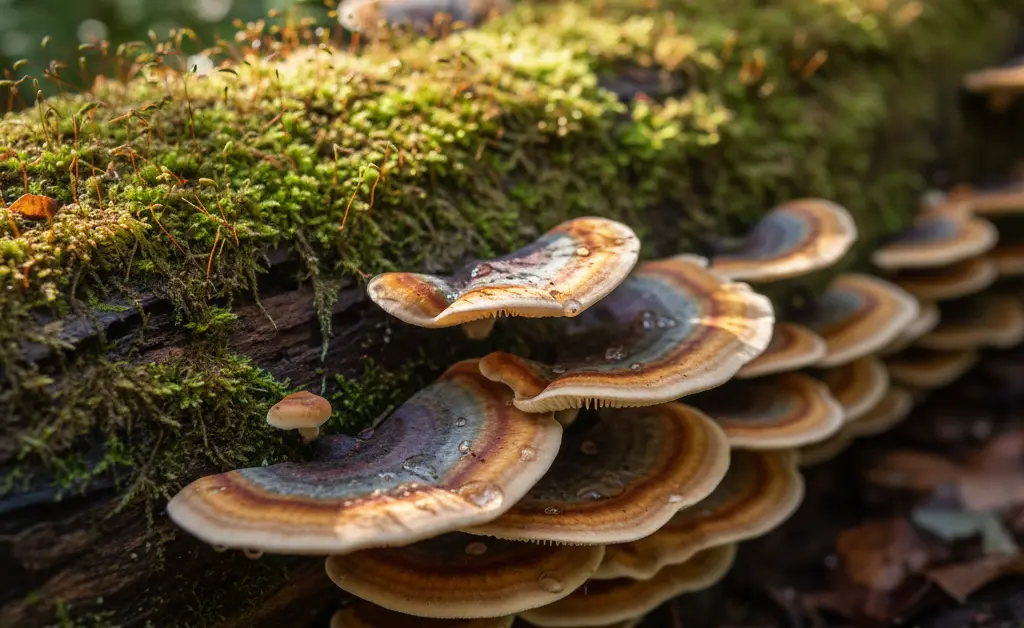 A close-up, vibrant photograph highlighting the intricate texture and coloration of the neuroprotective benefit of turkey tail mushroom.