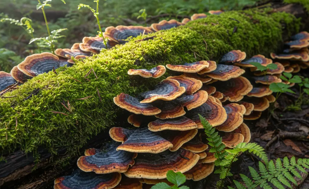 A vibrant shelf fungus, identified as trametes versicolor, grows on a fallen log in a sun-dappled forest.