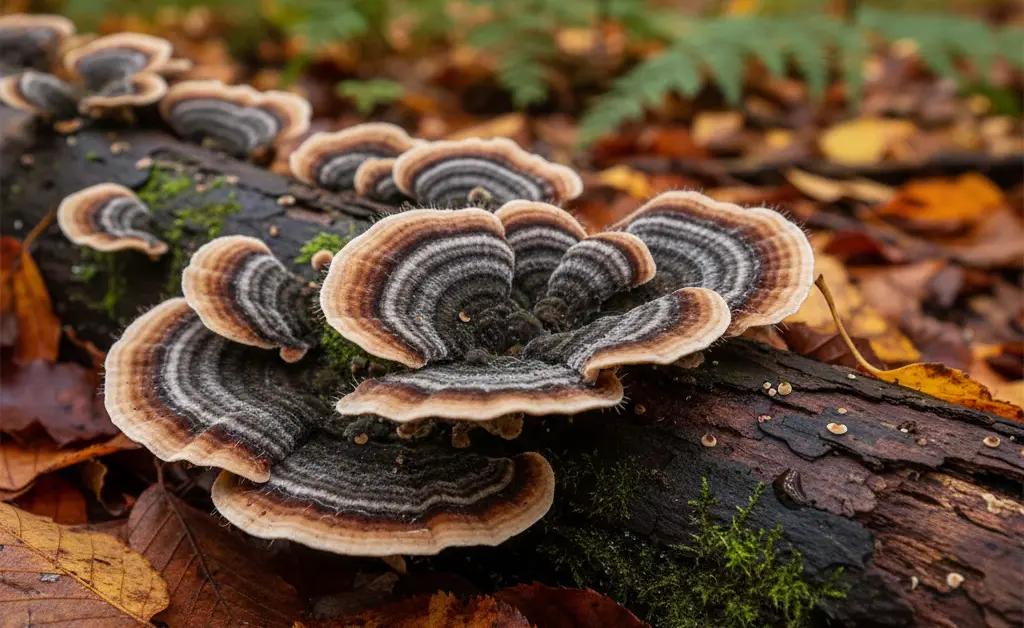 A close-up, photorealistic image showcases the intricate, colorful banding of trametes versicolor growing on a decaying log in a sun-dappled forest.