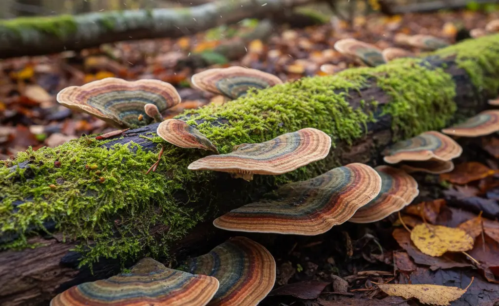 A close-up, editorial photograph showcases the intricate, fan-like caps of the trametes versicolor mushroom growing on a decaying log in a damp, shaded forest floor.