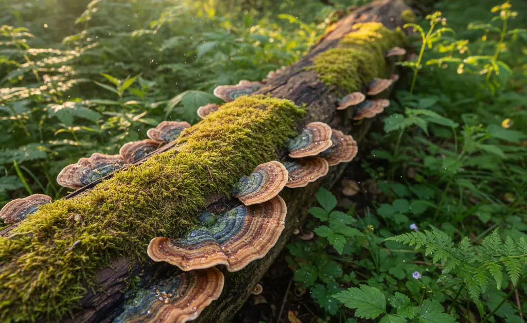 A close-up view of the scientifically identified trametes versicolor fungus growing on a decaying log in a forest.