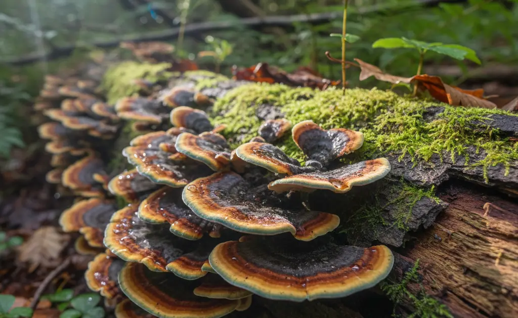 Detailed, realistic photograph showcasing the vibrant, fan-shaped fruiting bodies of trametes versicolor growing on a mossy log in a dappled forest light.