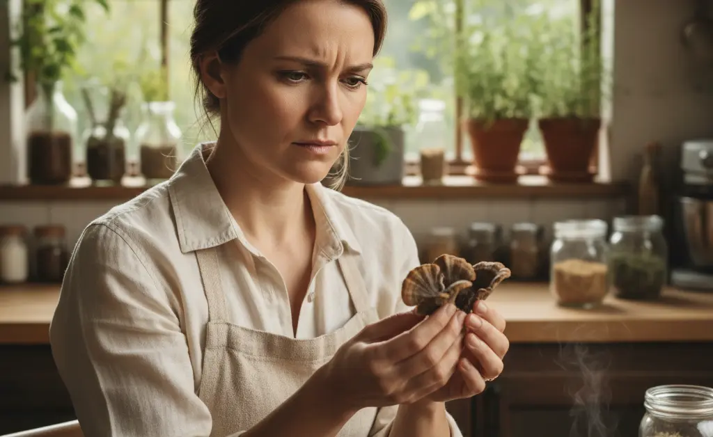 A concerned individual thoughtfully examining a small cluster of vibrant turkey tail mushrooms, contemplating a potential turkey tail mushroom allergy.
