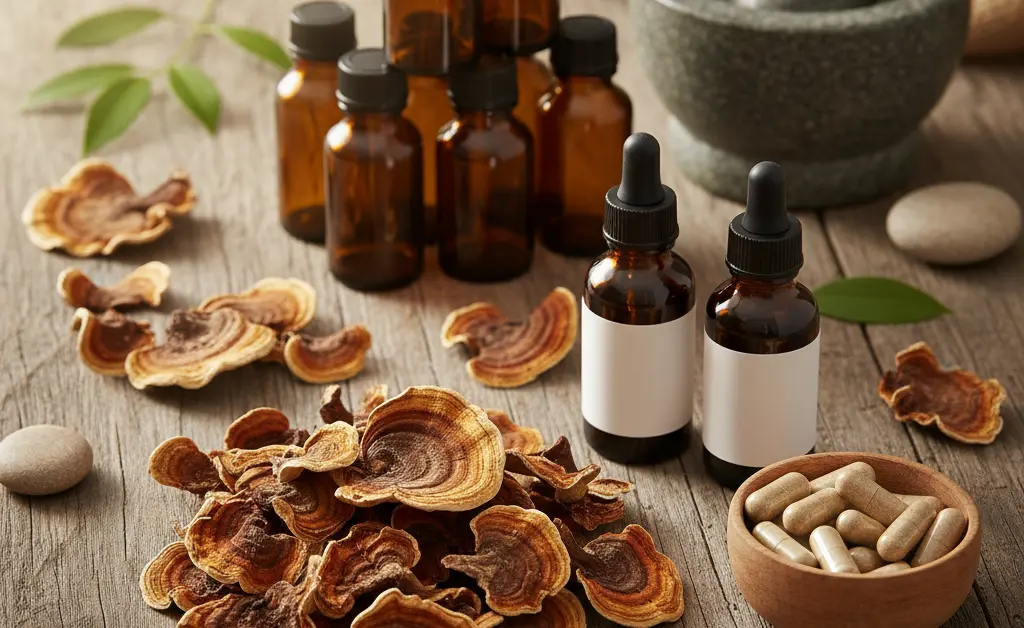 A high-angle, photorealistic shot showcasing various forms of turkey tail mushroom amazon products, arranged artfully on a rustic wooden surface, bathed in soft, natural light, conveying a sense of natural wellness and accessibility.