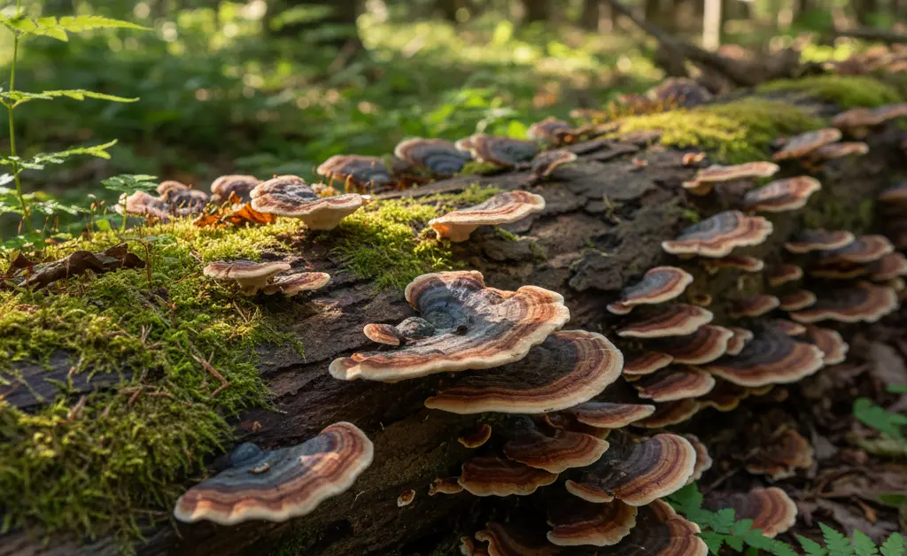A serene natural setting with a close-up focus on fresh turkey tail mushroom, symbolizing a natural approach to well-being relevant to turkey tail mushroom and hpv considerations.