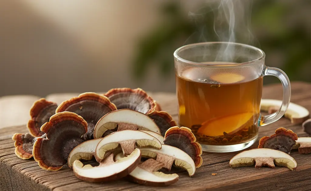 A close-up, photorealistic shot of vibrant turkey tail mushroom slices arranged artfully next to a steaming cup of herbal tea, symbolizing the connection between turkey tail mushroom and immunotherapy.