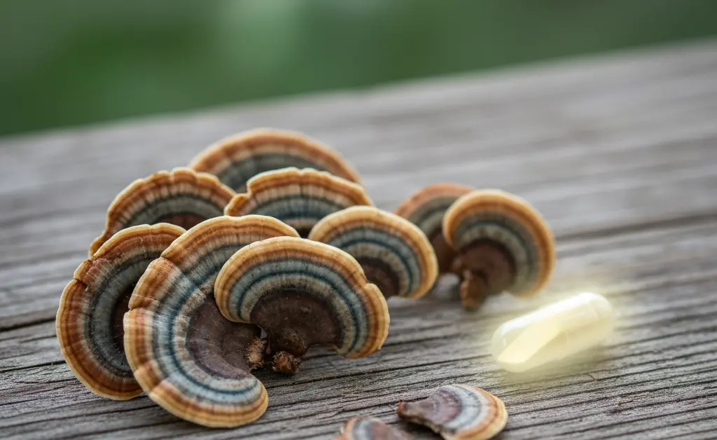 A visually balanced composition showing the natural earthy tones of turkey tail mushroom alongside a discreetly placed, out-of-focus representation hinting at the pharmaceutical aspect, illustrating the concept of turkey tail mushroom and zoloft compatibility.
