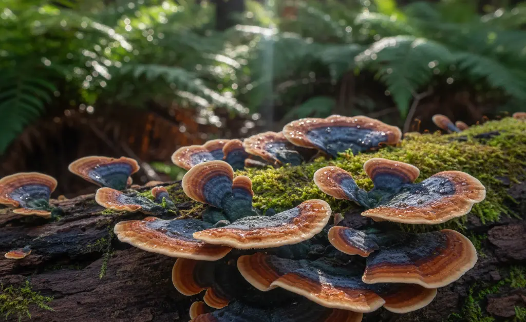 A detailed photograph showcasing the vibrant, fan-like patterns of the turkey tail mushroom australia, set against a blurred, natural forest floor.