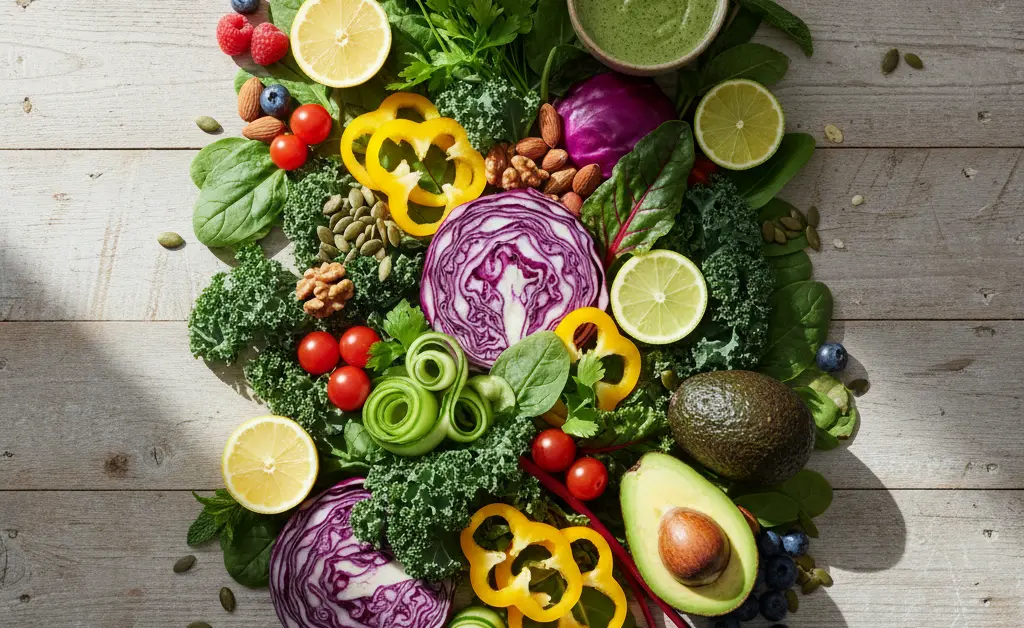 A visually appealing spread of alkaline-friendly foods, with subtle hints that touch upon the topic of turkey tail mushroom banned uk.