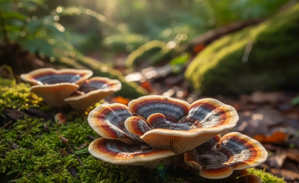 A visually stunning close-up captures the intricate, layered texture of a vibrant turkey tail mushroom, hinting at the profound turkey tail mushroom benefits it offers.