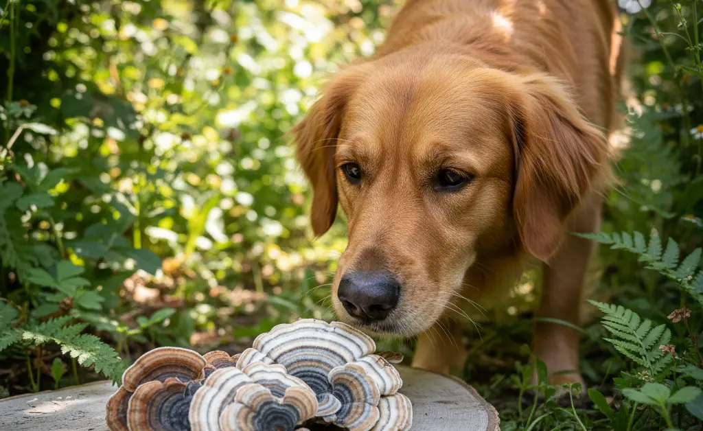 A vibrant close-up photograph showcasing several fresh turkey tail mushrooms alongside a happy, healthy-looking dog, illustrating the turkey tail mushroom benefits for dogs.