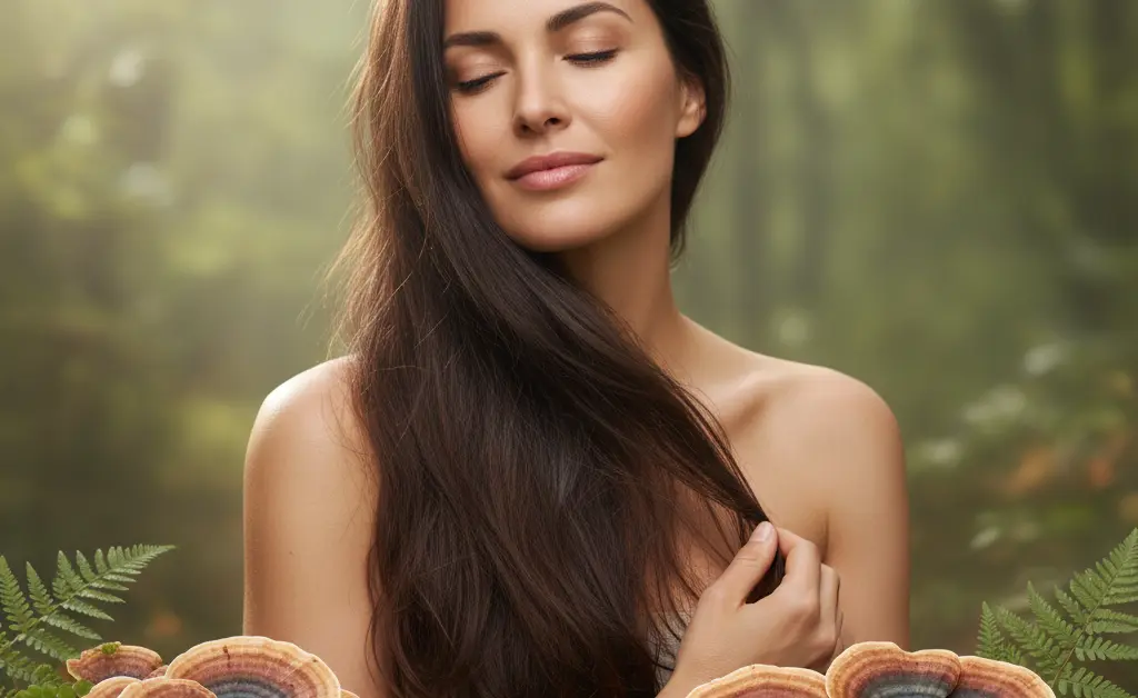 A close-up, editorial photograph showcasing a healthy, vibrant woman gently touching her lustrous, long hair, with a subtle, blurred background featuring delicate turkey tail mushrooms, illustrating the potential turkey tail mushroom benefits for hair.