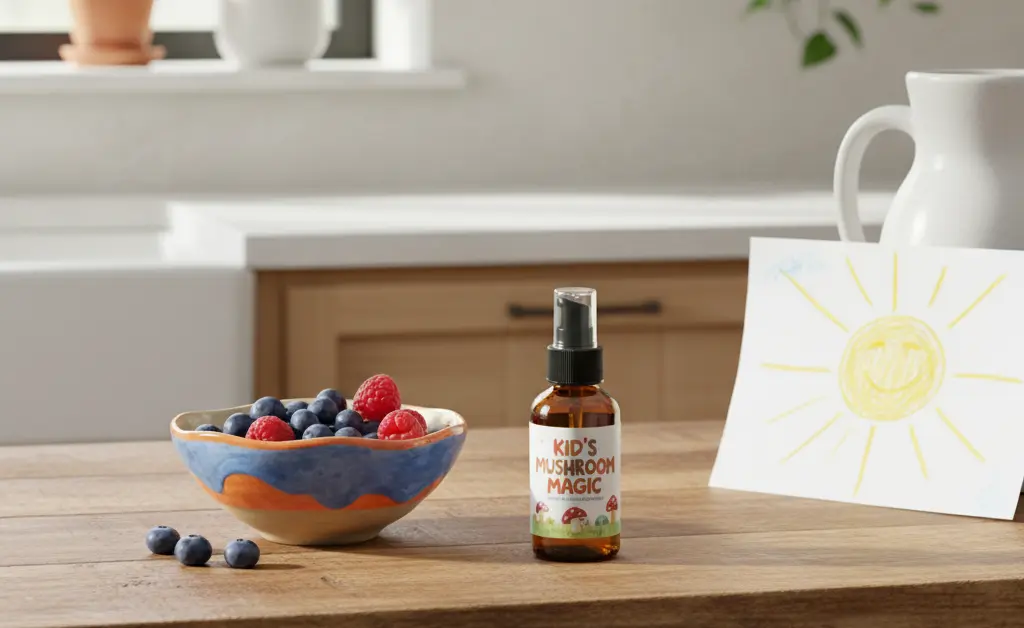 A bright, sunlit kitchen counter displays a child-friendly bottle of mushroom extract alongside a small bowl of fresh berries and a drawing, illustrating the topic of turkey tail mushroom benefits for kids.