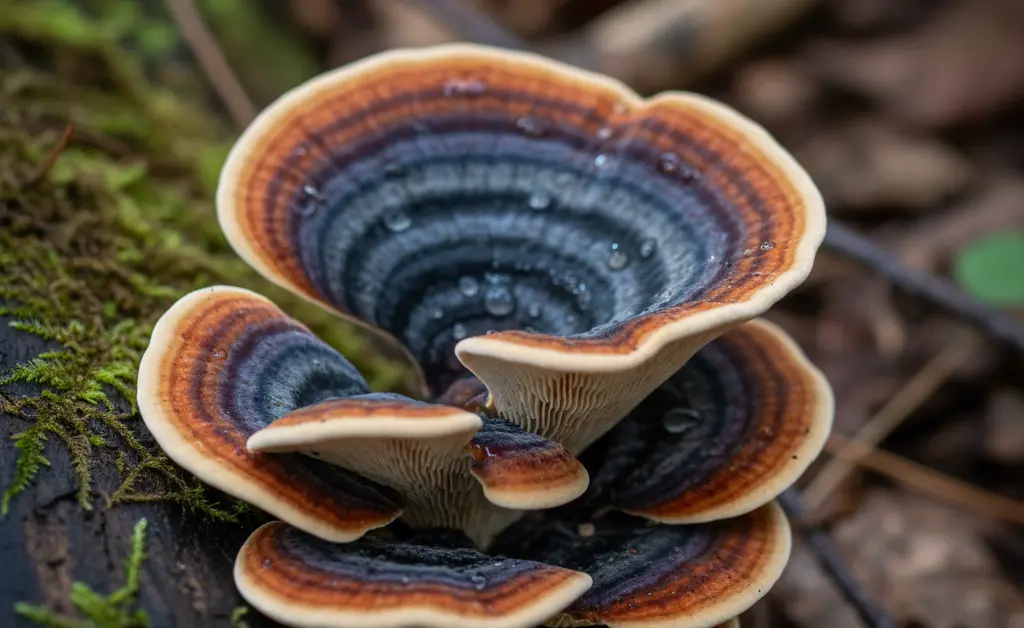 A vibrant, close-up shot showcasing the intricate, layered patterns of a fresh turkey tail mushroom, subtly hinting at the impressive turkey tail mushroom benefits for men.