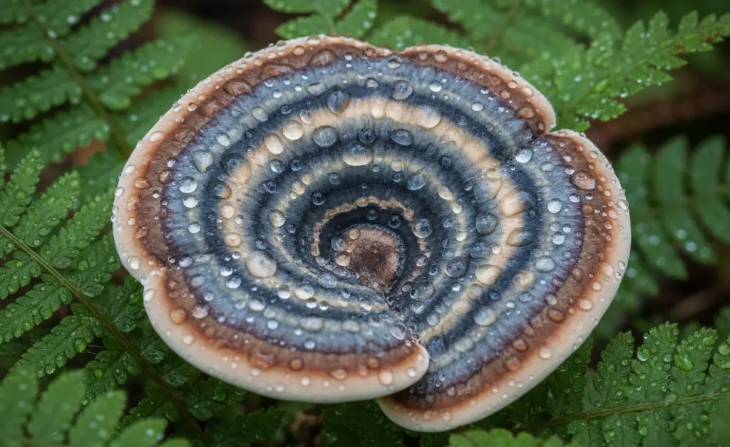 A close-up, editorial shot showcasing the delicate, layered cap of a turkey tail mushroom alongside fresh, dewy green leaves, highlighting the essence of turkey tail mushroom benefits for skin.