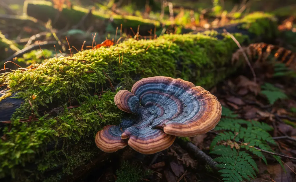 A serene, natural scene highlighting the potential turkey tail mushroom benefits for women, with lush greenery and softly glowing light.