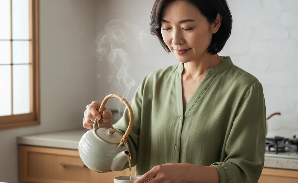 A serene Japanese woman in a minimalist kitchen preparing a warm herbal infusion, embodying the rich history of turkey tail mushroom benefits japan has revered.