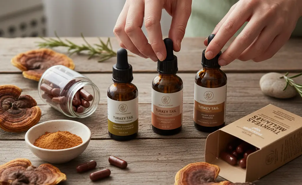 A person thoughtfully examining various forms of turkey tail mushroom canada supplements on a wooden counter, surrounded by natural light.