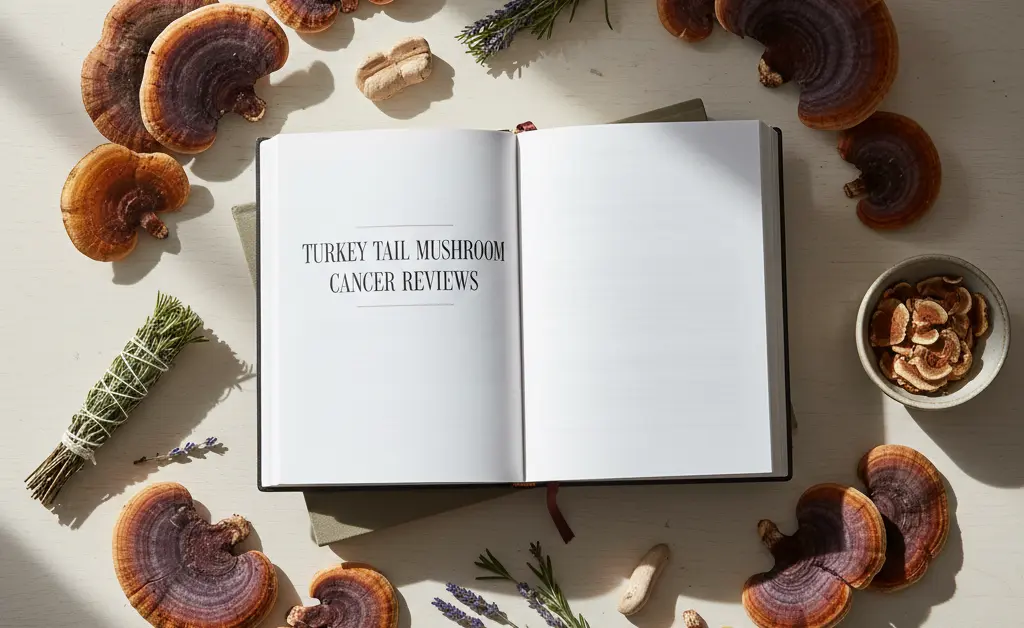 A visually appealing flat lay featuring turkey tail mushroom cancer reviews alongside fresh turkey tail mushrooms and natural wellness ingredients.