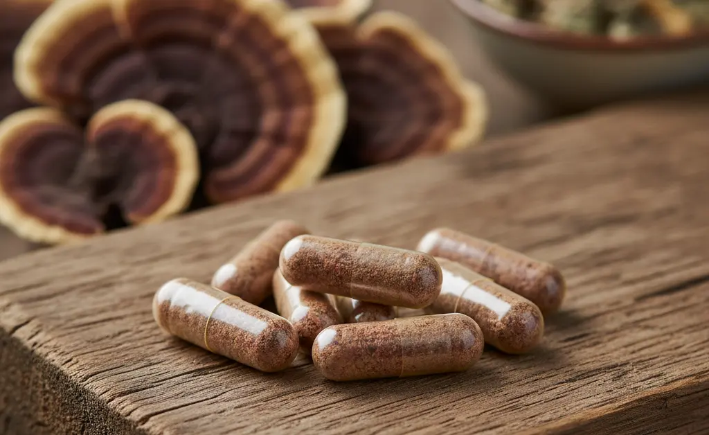 A close-up shot showcasing the vibrant, earthy tones of turkey tail mushroom capsules, highlighting the natural goodness associated with turkey tail mushroom capsules benefits.