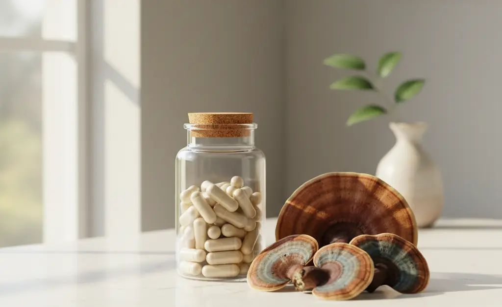 A visually appealing arrangement of turkey tail mushroom capsules presented alongside fresh turkey tail mushrooms.