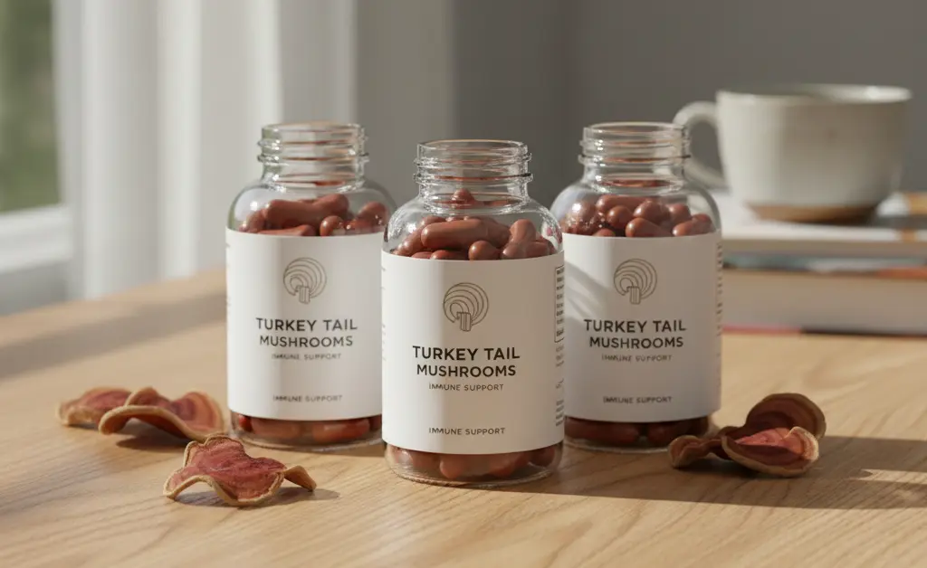 A curated selection of quality turkey tail mushroom capsules uk, presented artfully on a wooden surface.