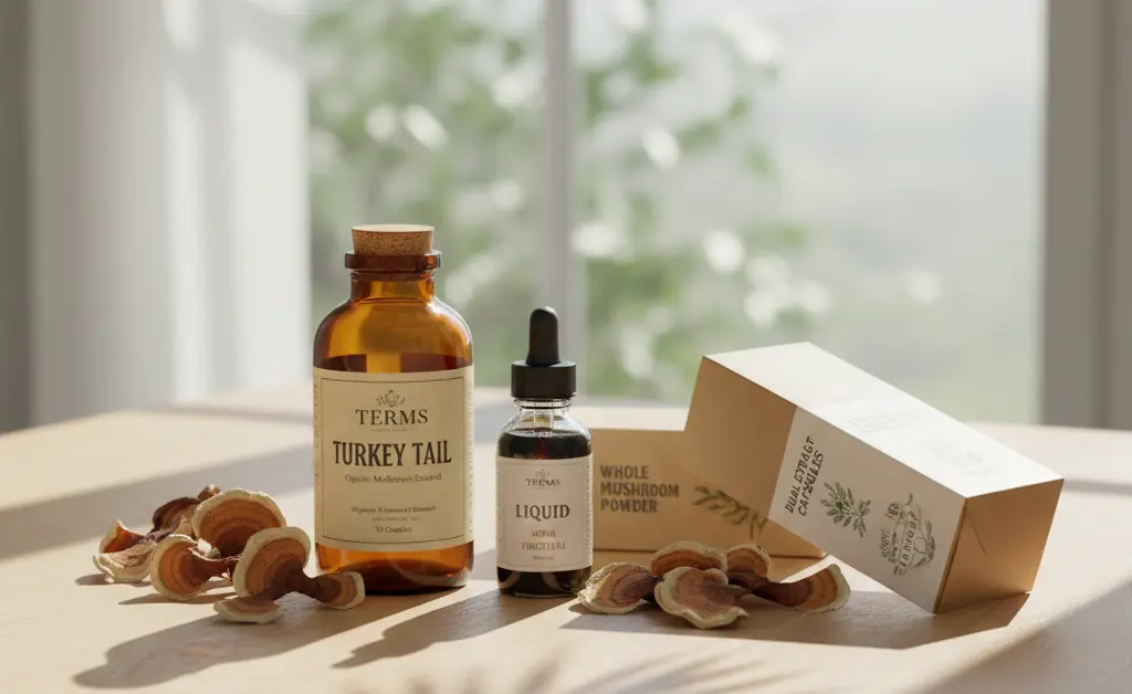 A close-up shot showcasing various turkey tail mushroom products, highlighting the availability of turkey tail mushroom chemist warehouse.