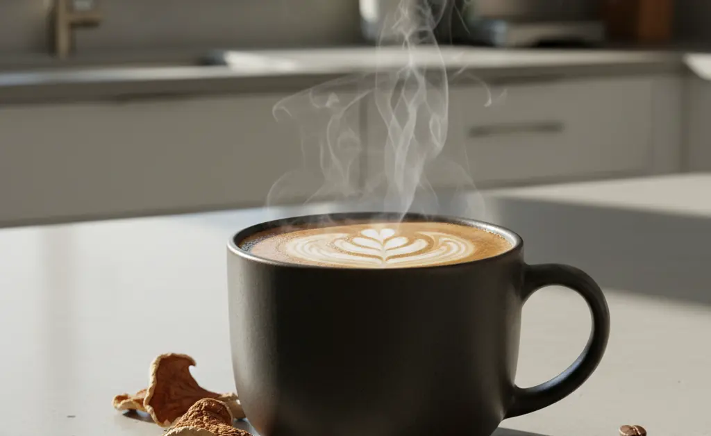 A steaming mug of rich turkey tail mushroom coffee is presented in a bright, modern kitchen setting.
