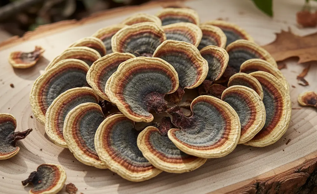 A close-up, editorial photograph showcasing a serving of dried turkey tail mushroom slices, illustrating the concept of turkey tail mushroom dosage.