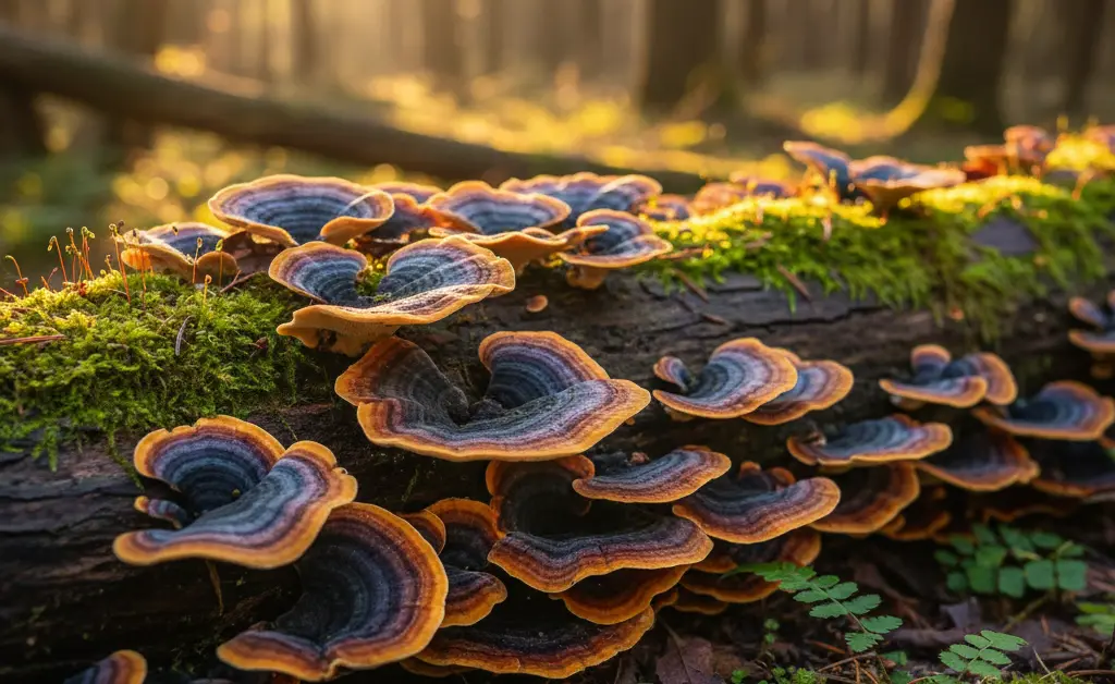 A close-up, photorealistic shot showcasing the vibrant, layered rings of a turkey tail mushroom edible specimen, hinting at its natural forest habitat.