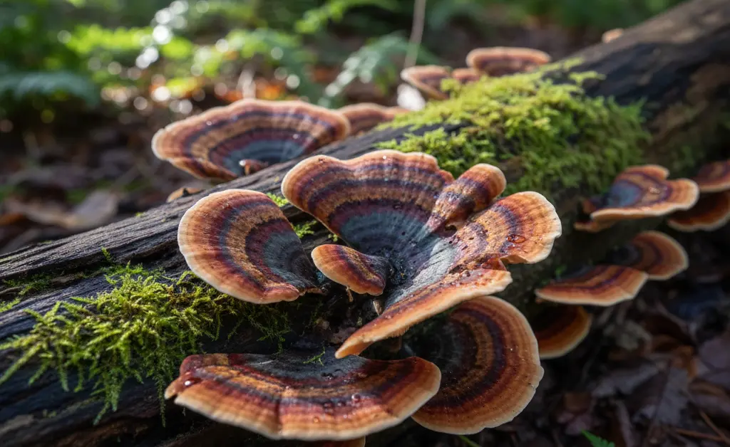 A close-up, macro photograph showcasing the intricate texture and vibrant, concentric rings of a fresh turkey tail mushroom, highlighting why turkey tail mushroom edible raw is a topic of interest for foragers and wellness enthusiasts.