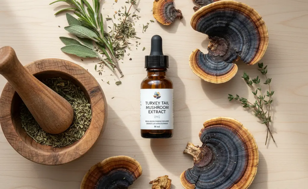 A visually appealing arrangement showcasing the turkey tail mushroom extract benefits through a collection of vibrant, high-quality supplements and fresh mushrooms.