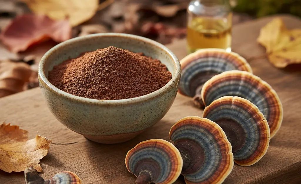A visually appealing arrangement showcasing the rich brown hue of turkey tail mushroom extract powder alongside fresh turkey tail mushrooms in a serene, natural setting.