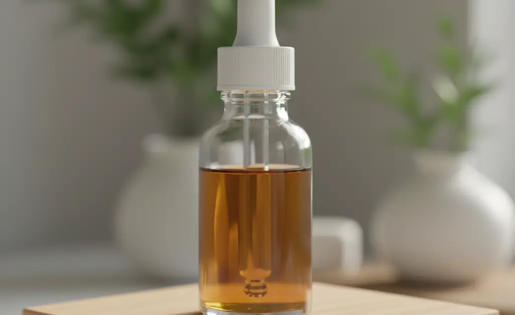 A vibrant, close-up photograph showcases the rich, earthy tones of turkey tail mushroom extract for humans, presented in a clean, minimalist glass dropper bottle on a natural wood surface, suggesting a connection to wellness and nature.
