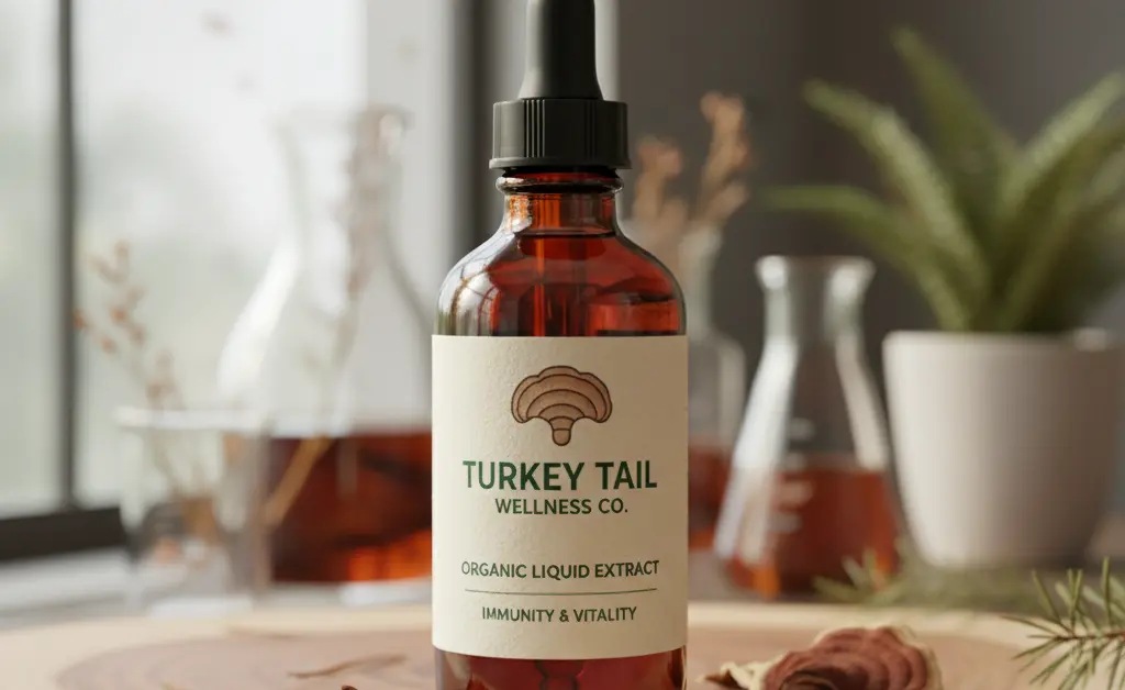 A beautifully packaged bottle of turkey tail mushroom extract is showcased, representing turkey tail mushroom extract for sale.