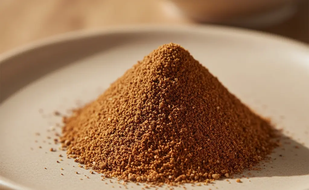 A clear, well-lit overhead shot showcases the vibrant natural color of turkey tail mushroom extract powder.